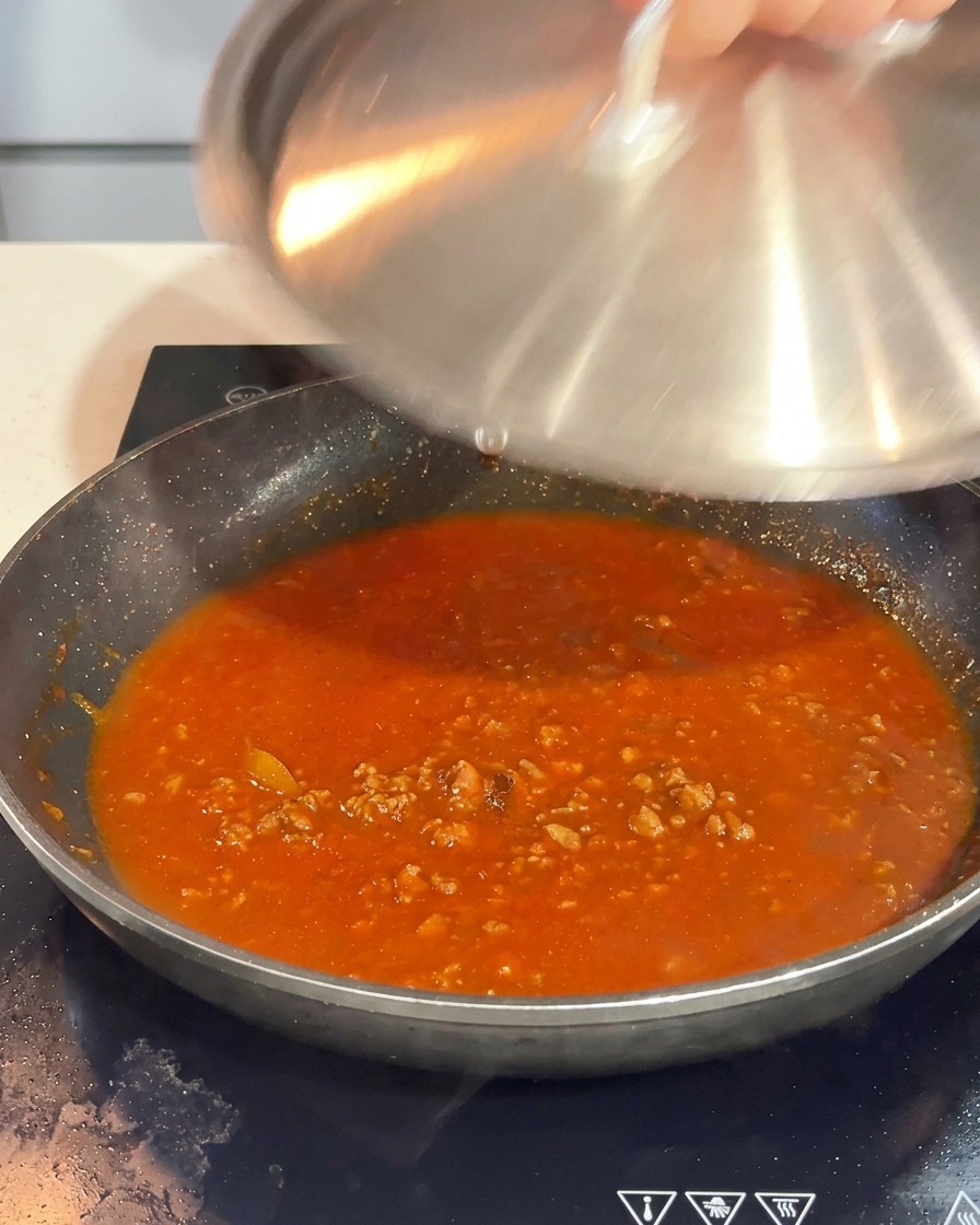 A hand placing a stainless steel lid over a frying pan containing bubbling, deep red tomato meat sauce.