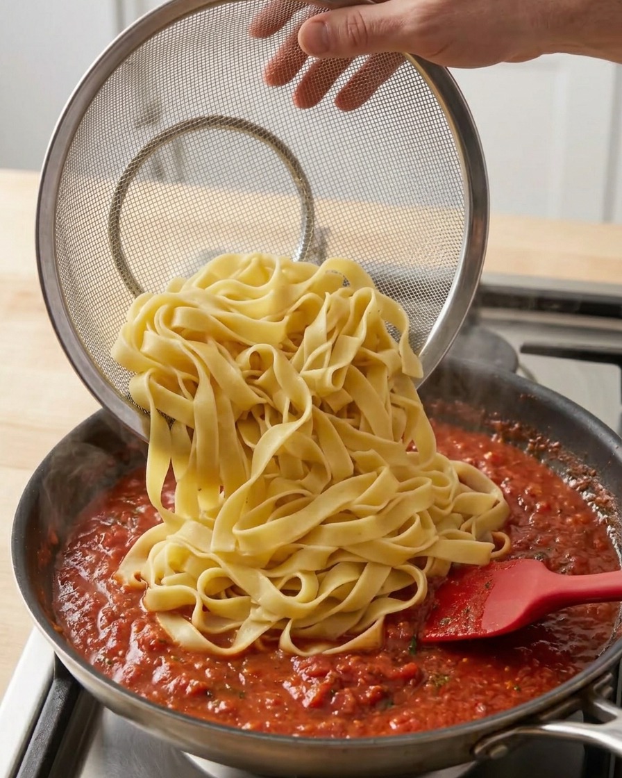 A hand holding a metal strainer, pouring hot cooked wide pasta ribbons into a skillet filled with rich tomato meat sauce.