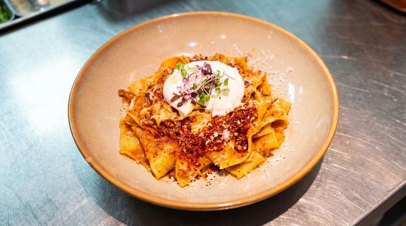 Oil-Splashed Spicy Meat Sauce Pappardelle with Poached Egg