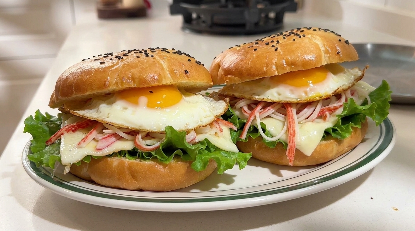 Cheese and Crab Stick Steamed Breakfast Burger
