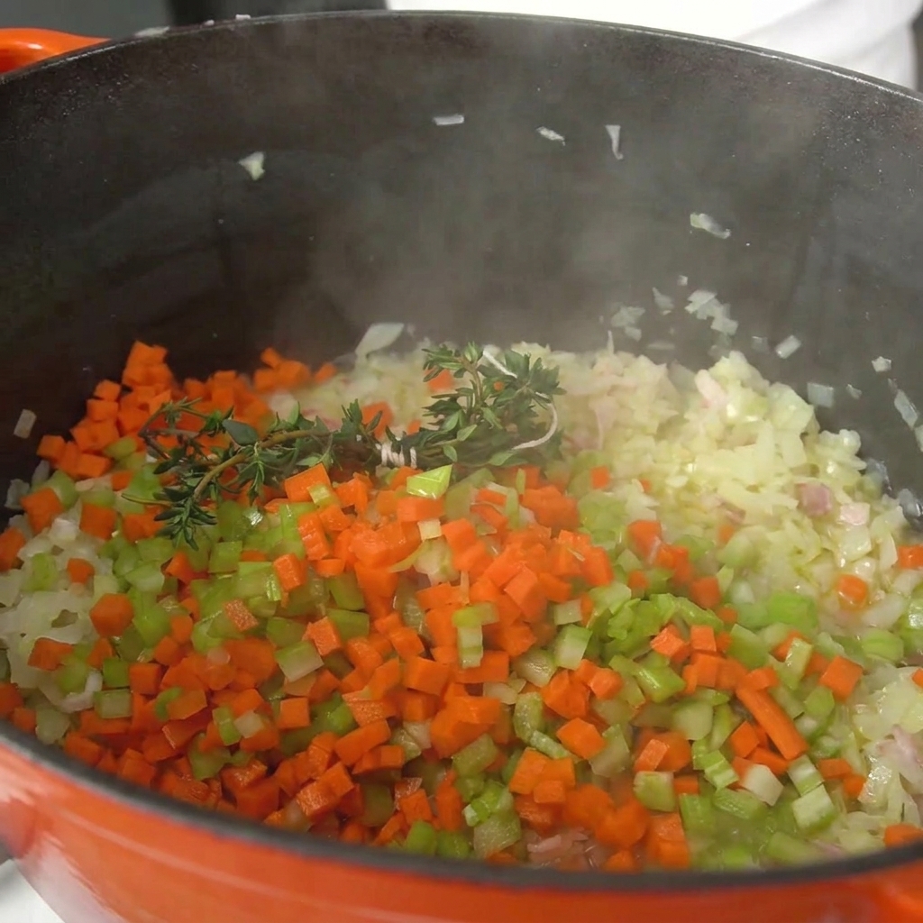 A bundle of fresh green thyme sprigs resting on top of chopped carrots, celery, and onions simmering in a pot.