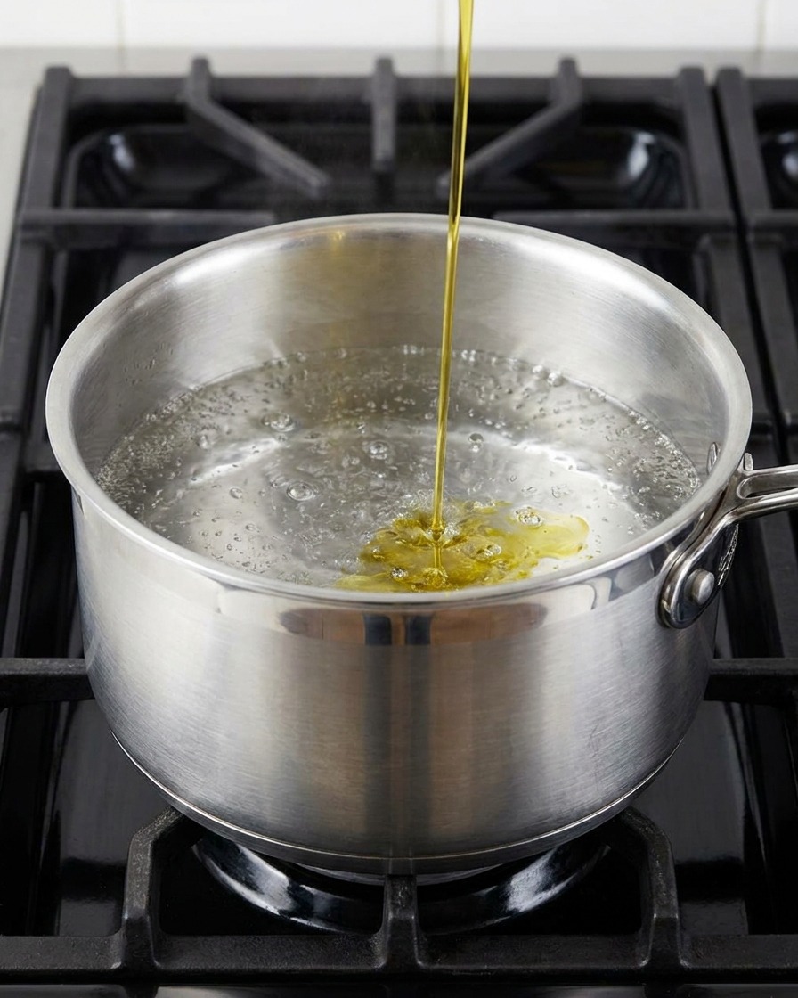 Olive oil being poured into a stainless steel pot of boiling water on a stove.