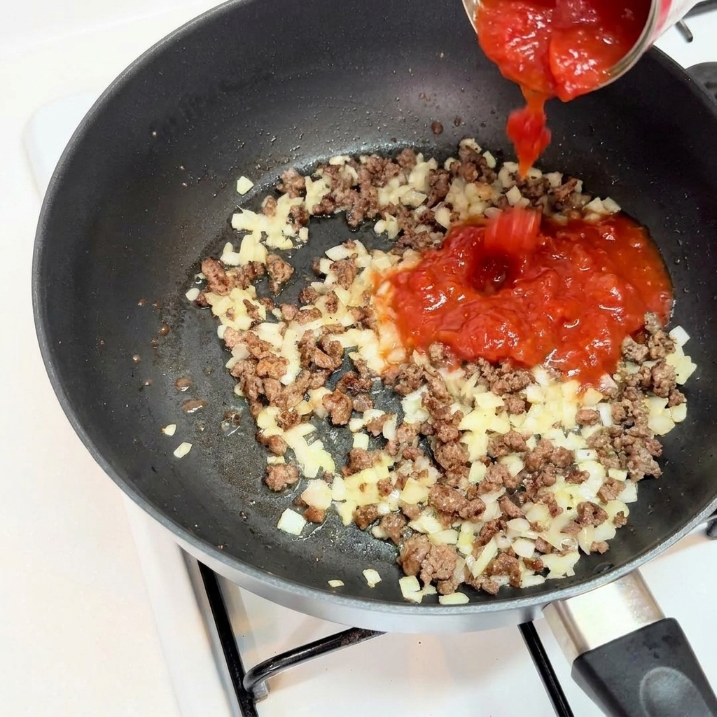 A can of crushed red tomatoes being poured over browned minced beef and diced onions in a skillet.
