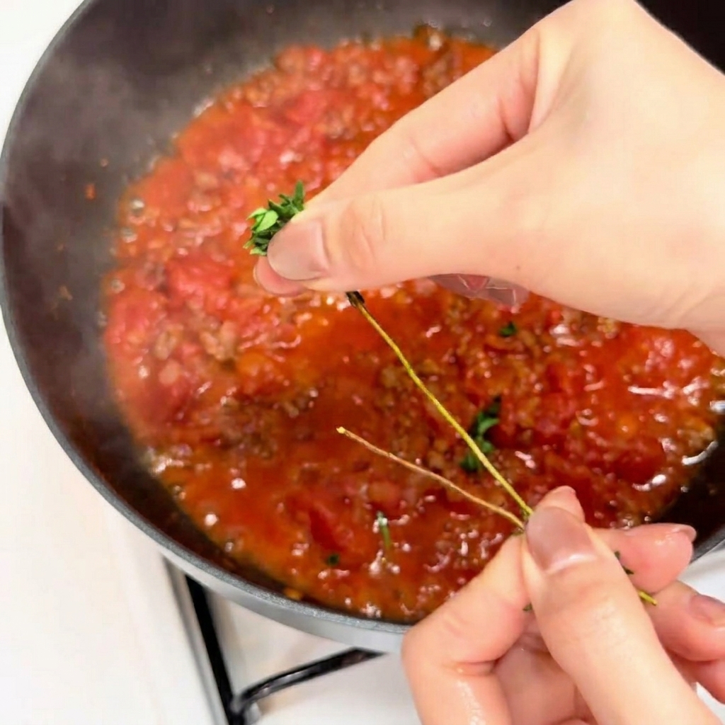 Two hands dropping a small sprig of fresh thyme into a bubbling skillet of tomato and meat sauce.