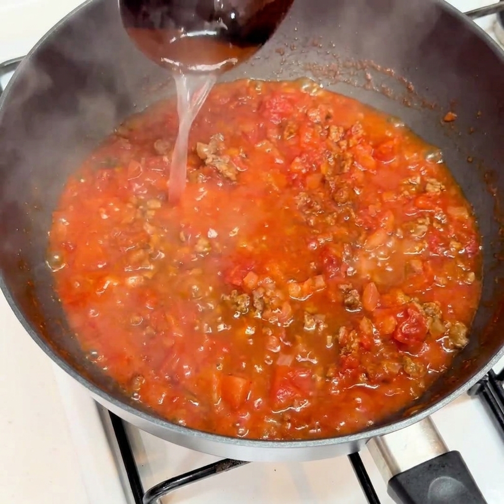 A ladle pouring hot, starchy pasta water into a skillet of red tomato meat sauce.