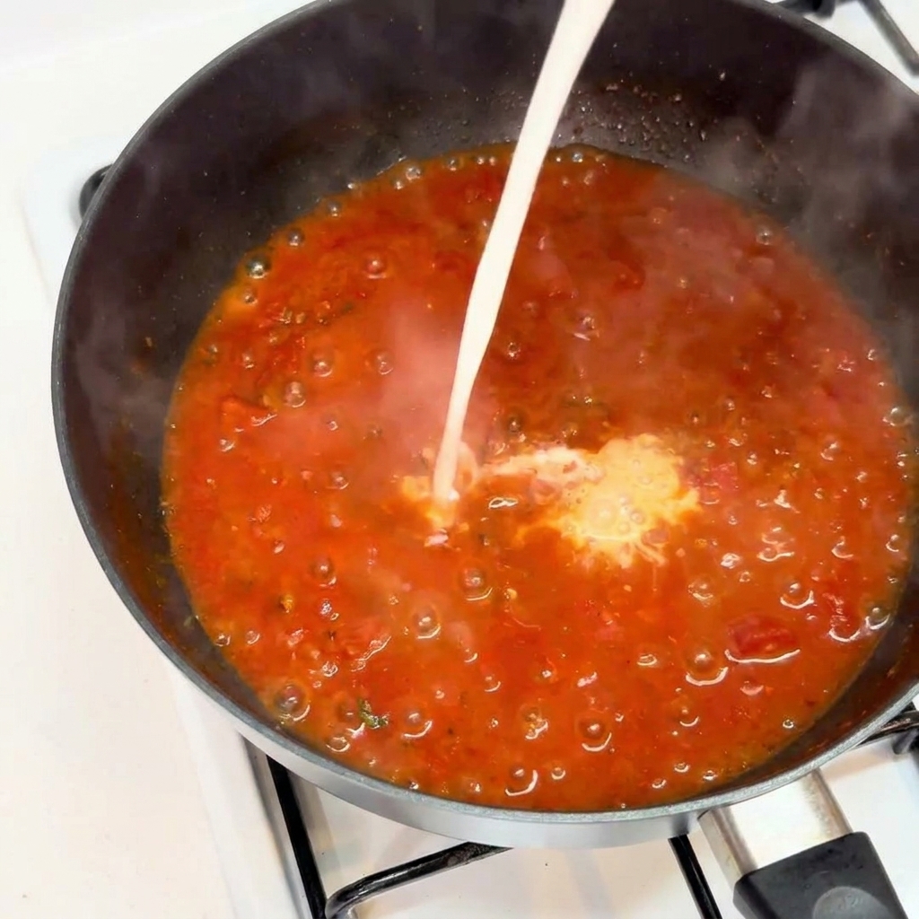 A steady stream of white milk being poured into a pan of simmering red meat sauce.