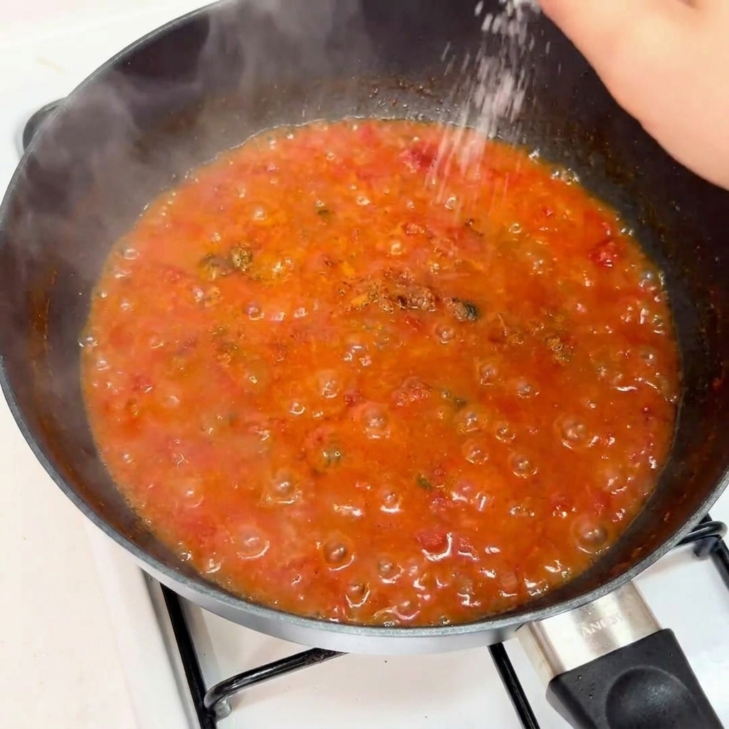 A hand sprinkling sea salt from above into a pan of simmering tomato meat sauce.