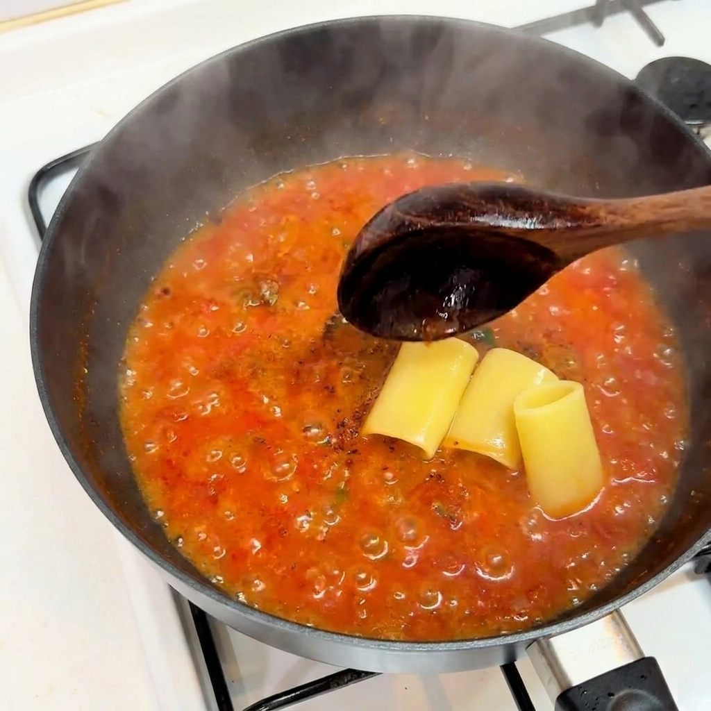 Cooked thick tube pasta being placed into a bubbling red meat sauce in a skillet.