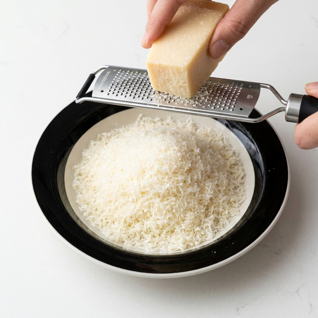 Hands grating a block of Parmesan cheese over a plate with a metal microplane.