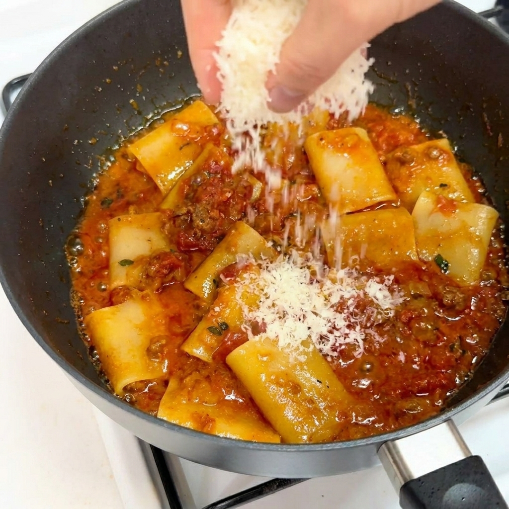 A hand sprinkling grated Parmesan cheese over thick tube pasta mixed with meat sauce in a pan.