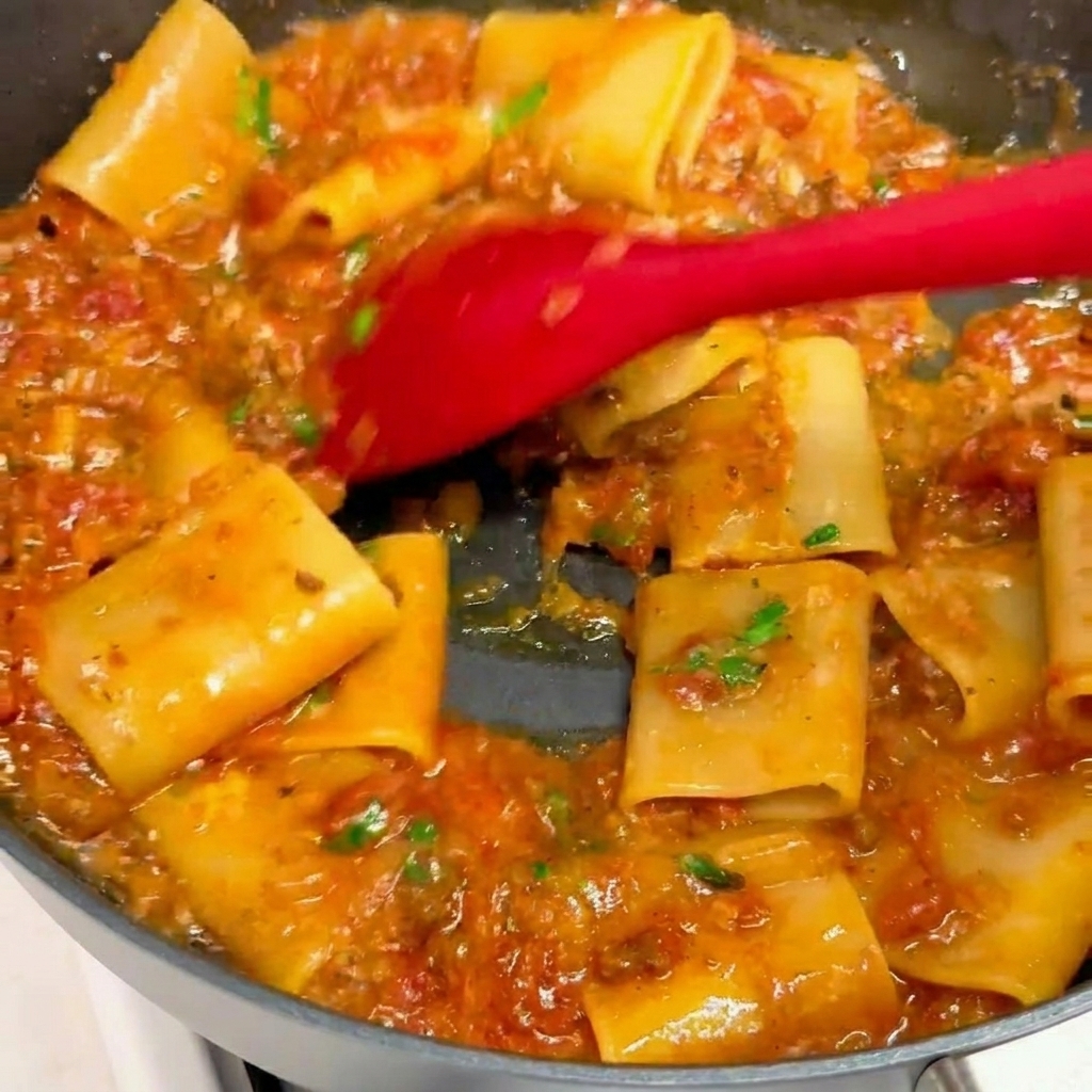 Stirring thick tube pasta with tomato meat sauce and melted cheese using a red spatula in a skillet.