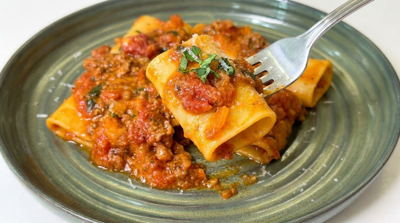 Hearty Tomato Meat Sauce Paccheri Pasta