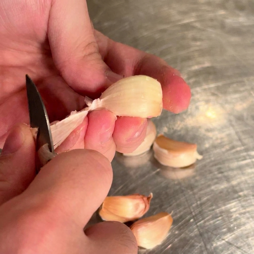 Hands holding a paring knife and peeling a clove of fresh garlic over a metal surface.