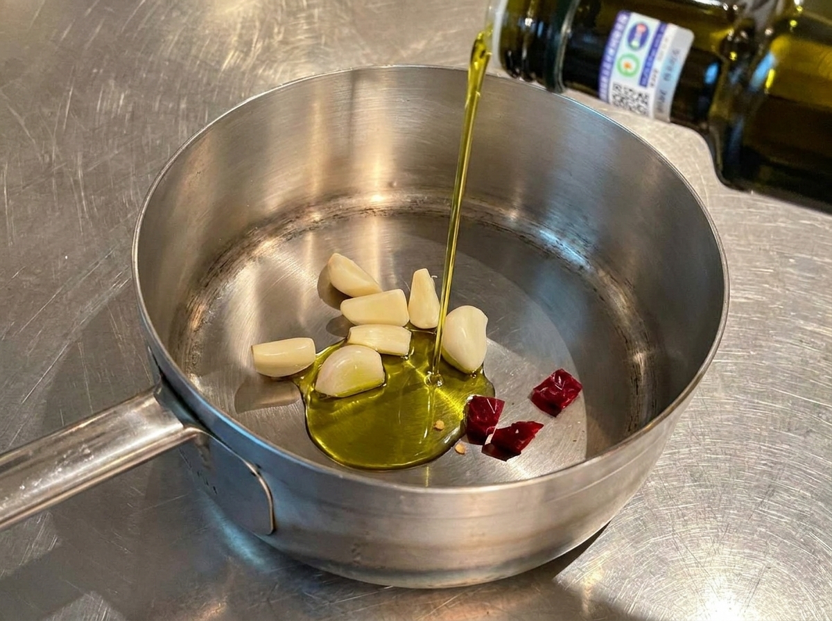 A stream of green extra virgin olive oil being poured from a bottle into a small pot containing garlic and dried chilies.