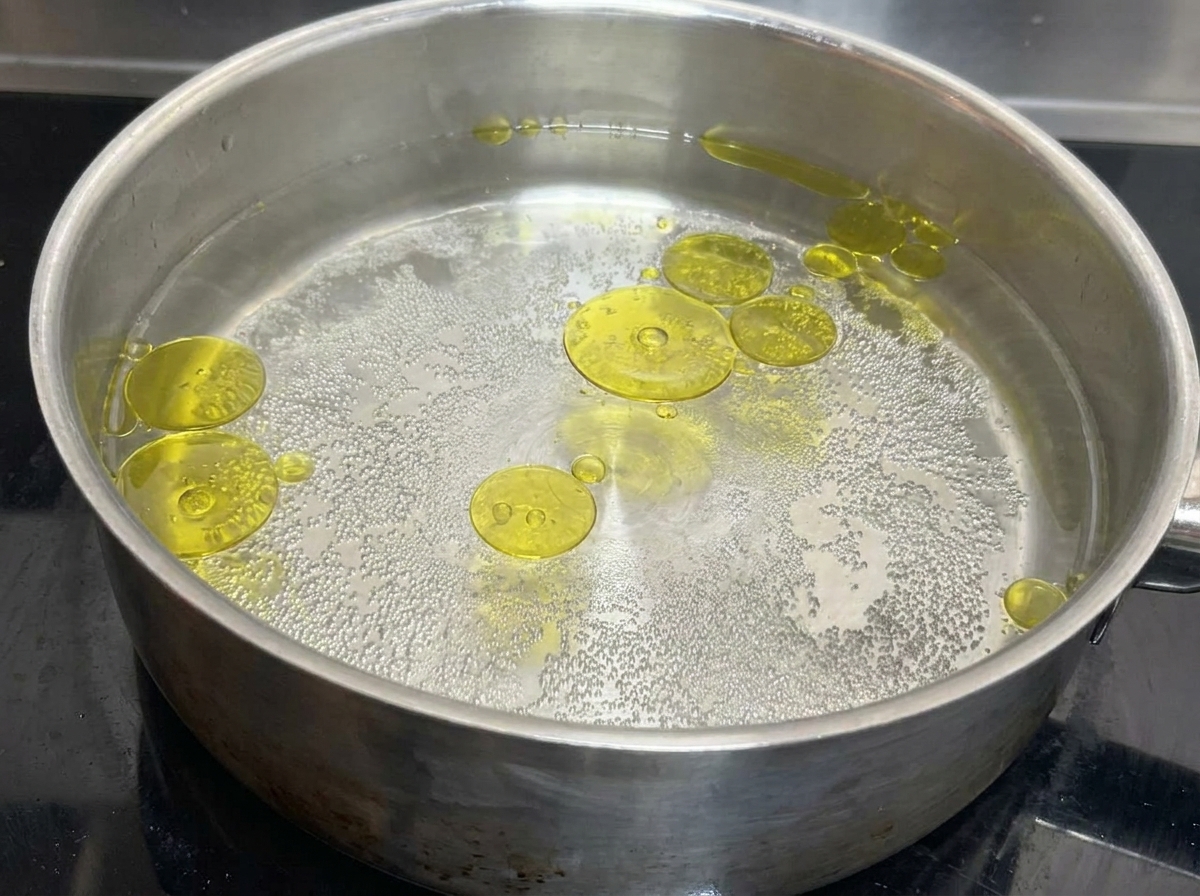 A stainless steel pot filled with vigorously boiling water and droplets of olive oil floating on the surface.