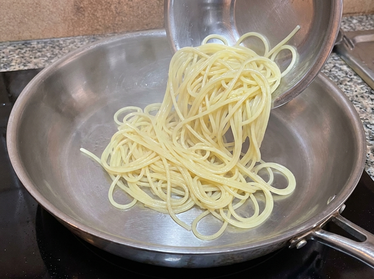 Cooked spaghetti being transferred from a metal bowl straight into a pan.