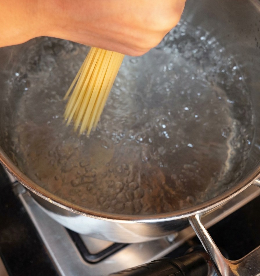 A hand carefully placing a bundle of dry spaghetti noodles vertically down into a pot of vigorously boiling water.
