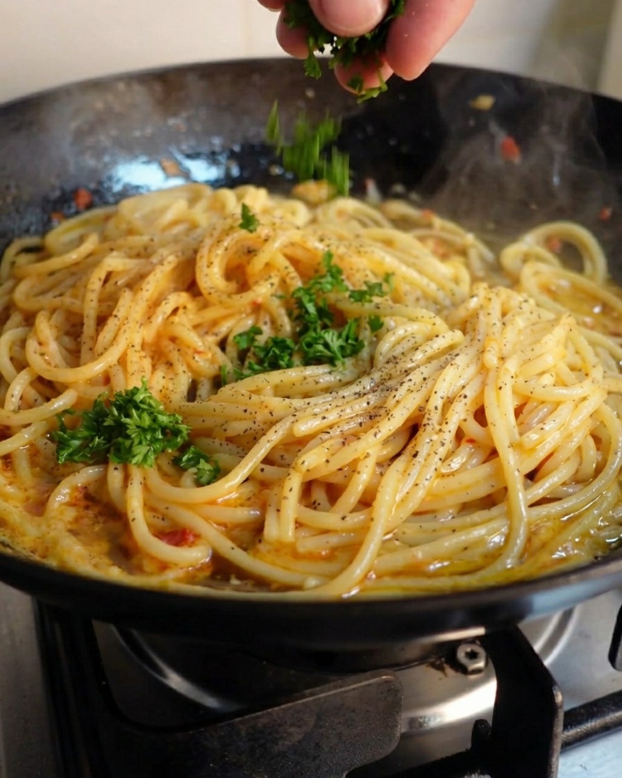 A hand sprinkling chopped fresh green parsley over a pan of steaming spaghetti.