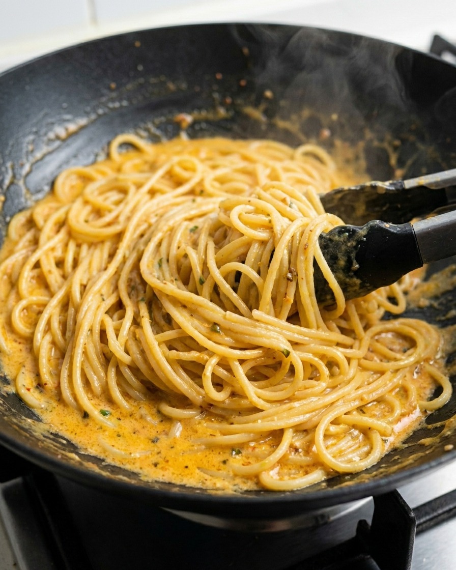 Tongs lifting and tossing spaghetti in a dark pan to mix in the herbs and sauce.