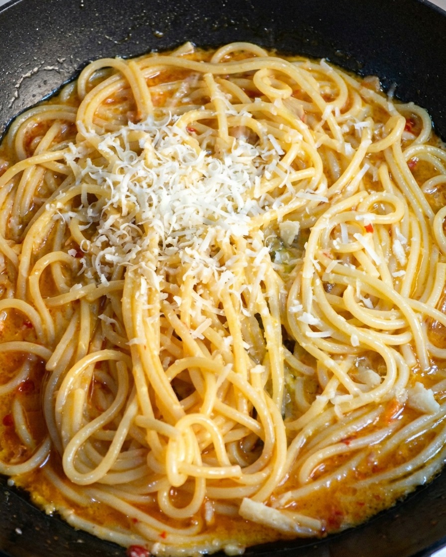 Freshly grated Parmesan cheese resting on top of a pan of warm spaghetti.