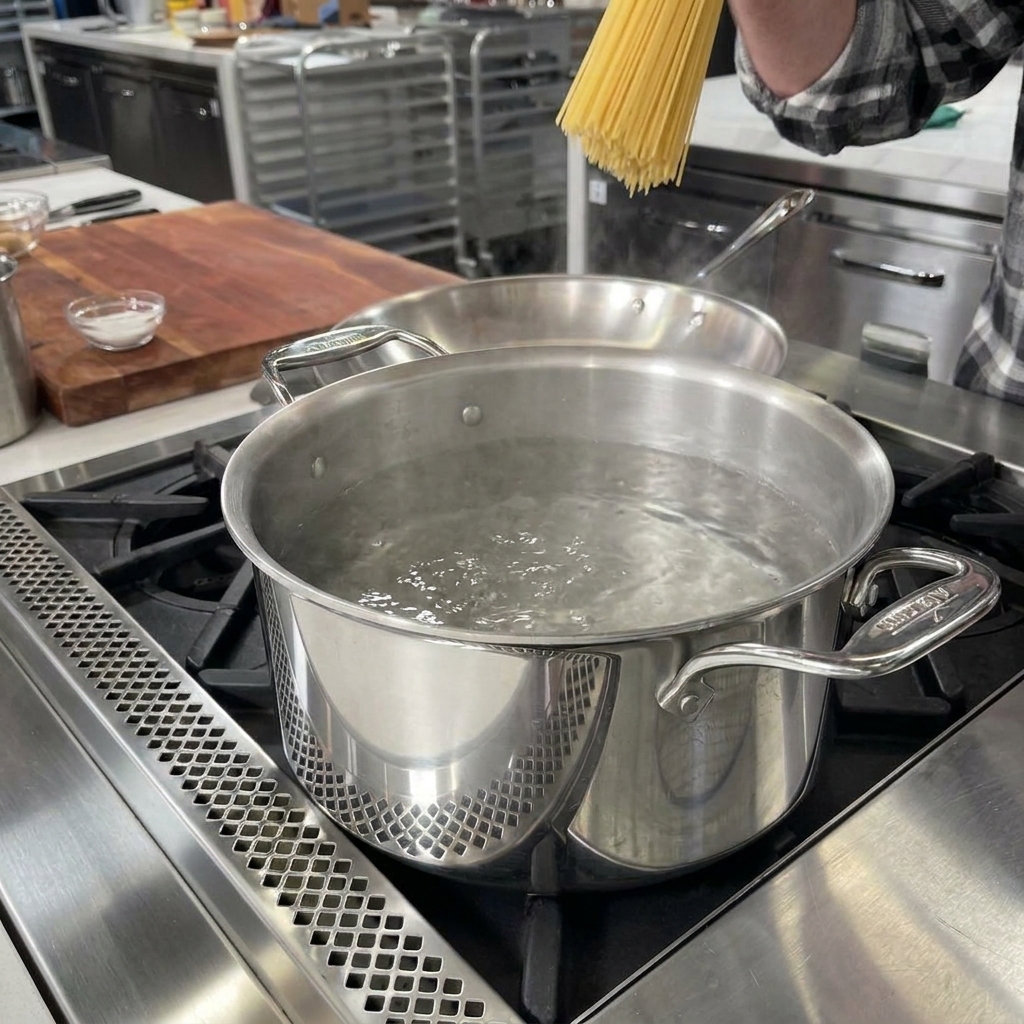A handful of dry spaghetti being dropped into a stainless steel pot of boiling salted water.