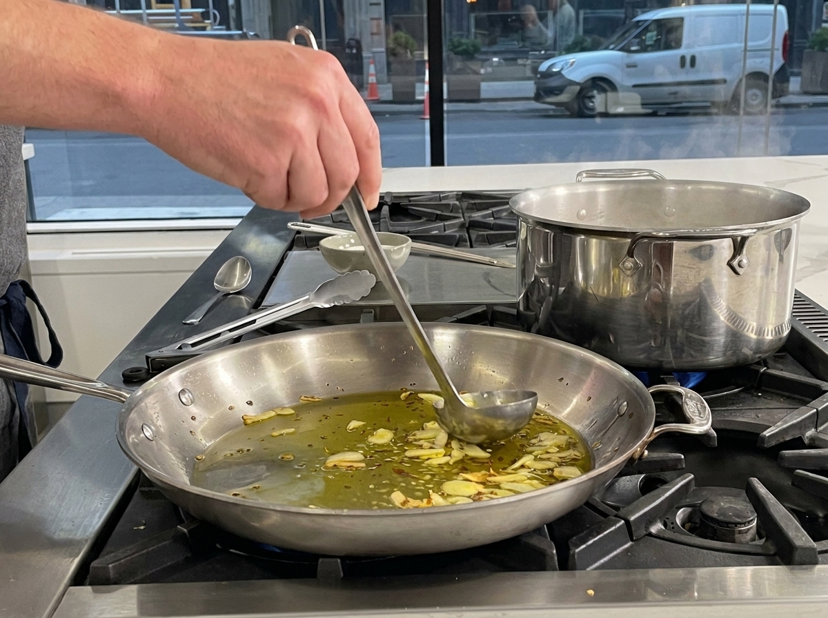 A ladle pouring starchy pasta water into a hot pan filled with lightly browned sliced garlic and olive oil.