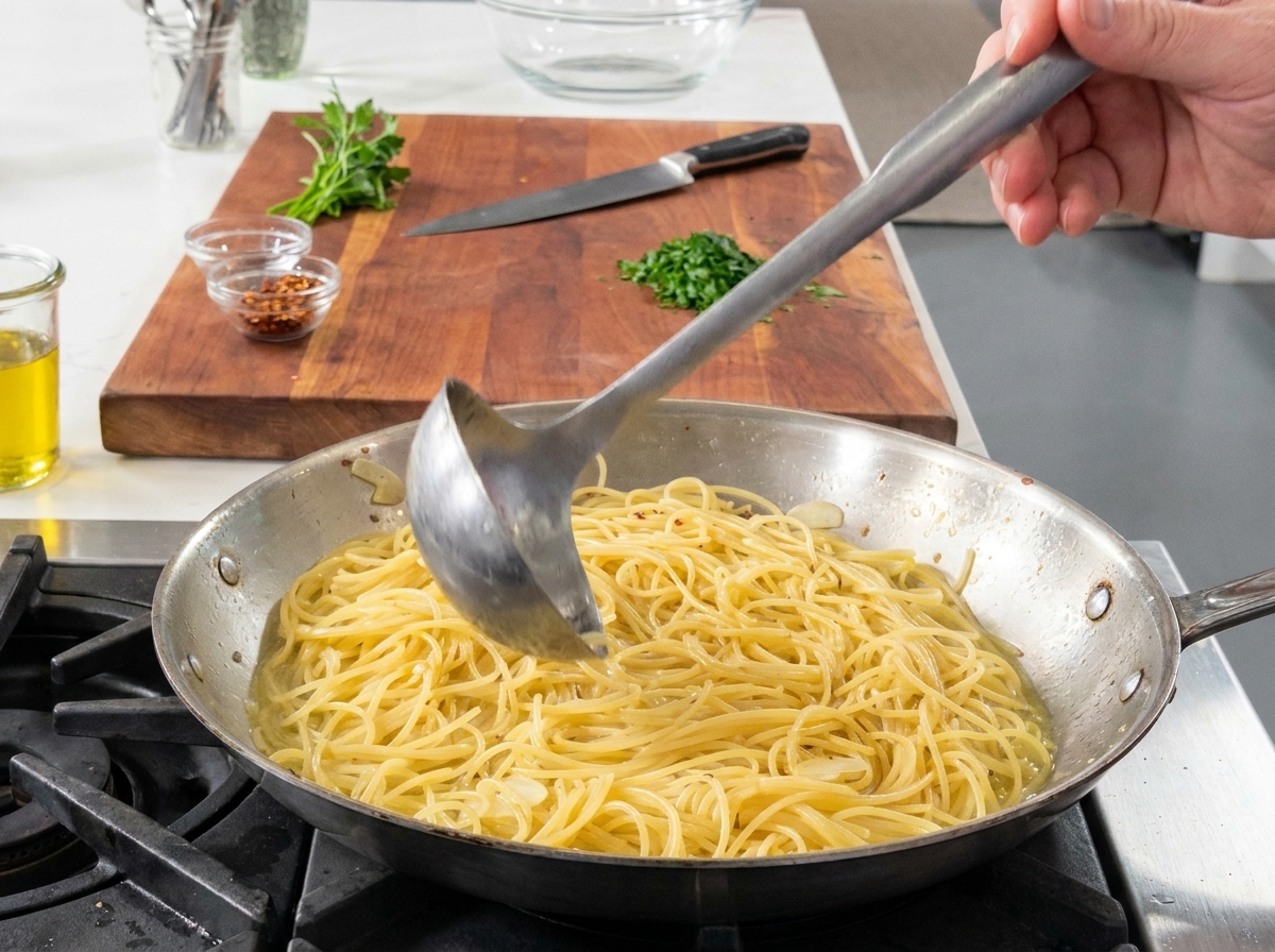 A ladle adding extra starchy pasta water over the spaghetti cooking in a pan with garlic and oil.