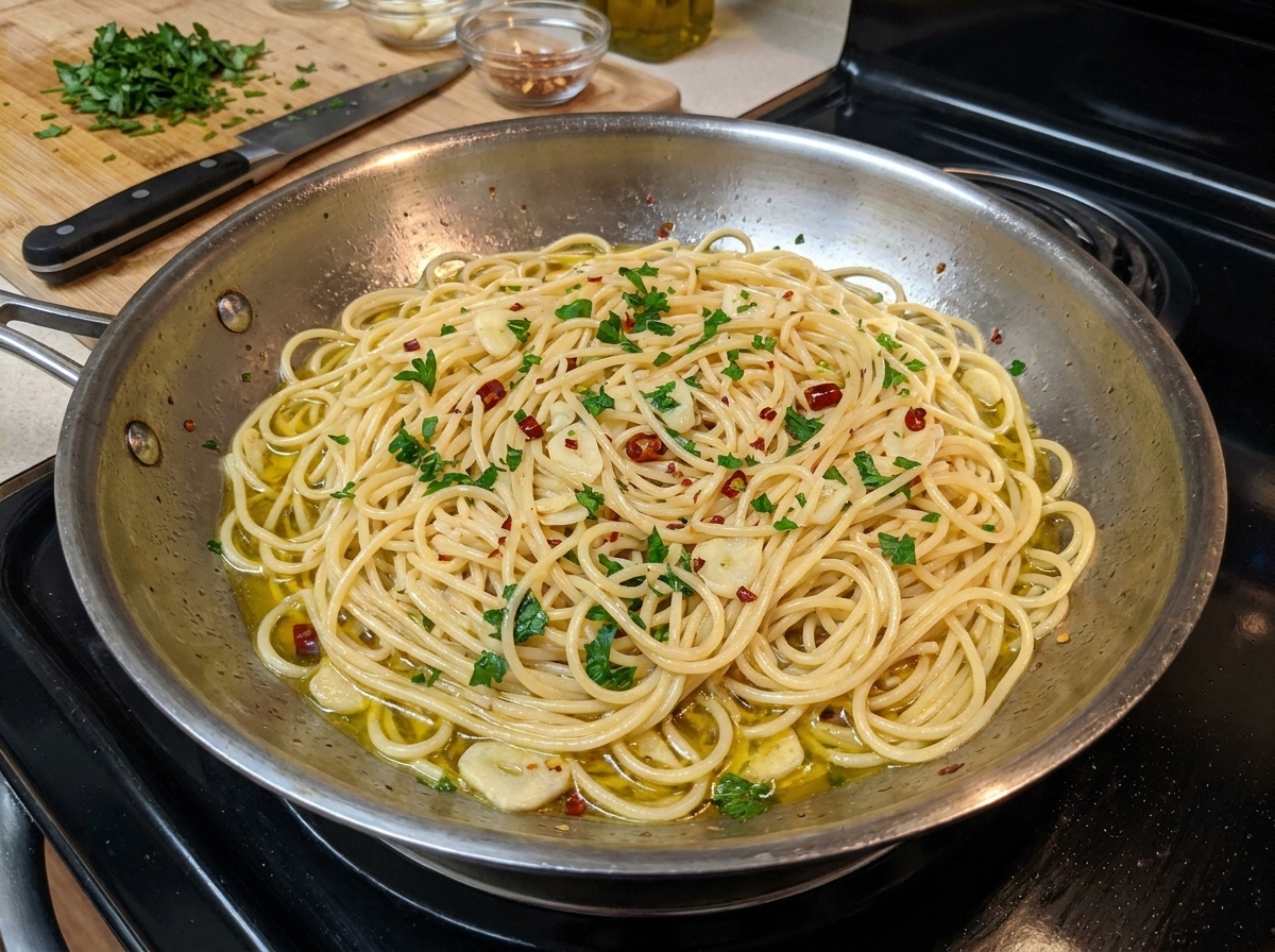 Spaghetti tossed with olive oil, garlic, red pepper flakes, and freshly chopped green parsley resting in a stainless steel skillet.