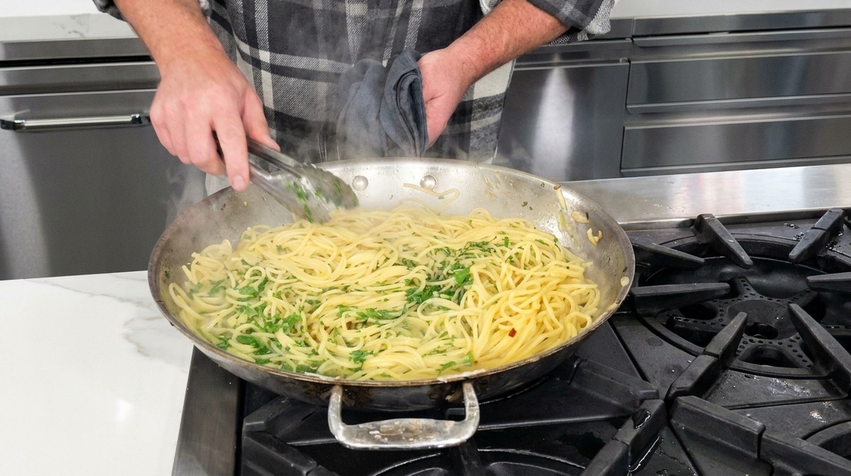 A person using tongs to toss steaming spaghetti with fresh parsley in a large skillet on a gas stove.