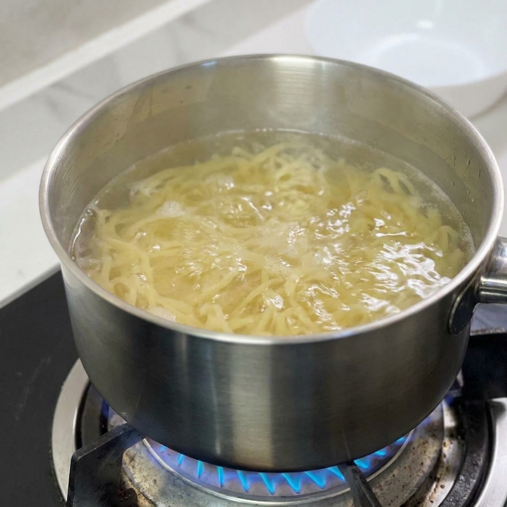 Spaghetti noodles softening in a stainless steel pot of rapidly boiling water.