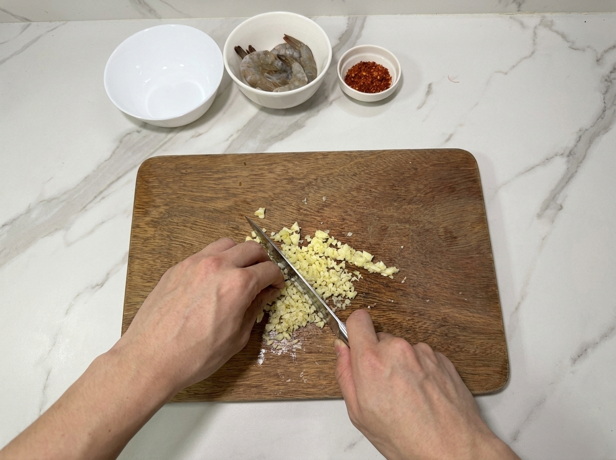 Two hands using a chefs knife to finely chop garlic cloves on a wooden cutting board.