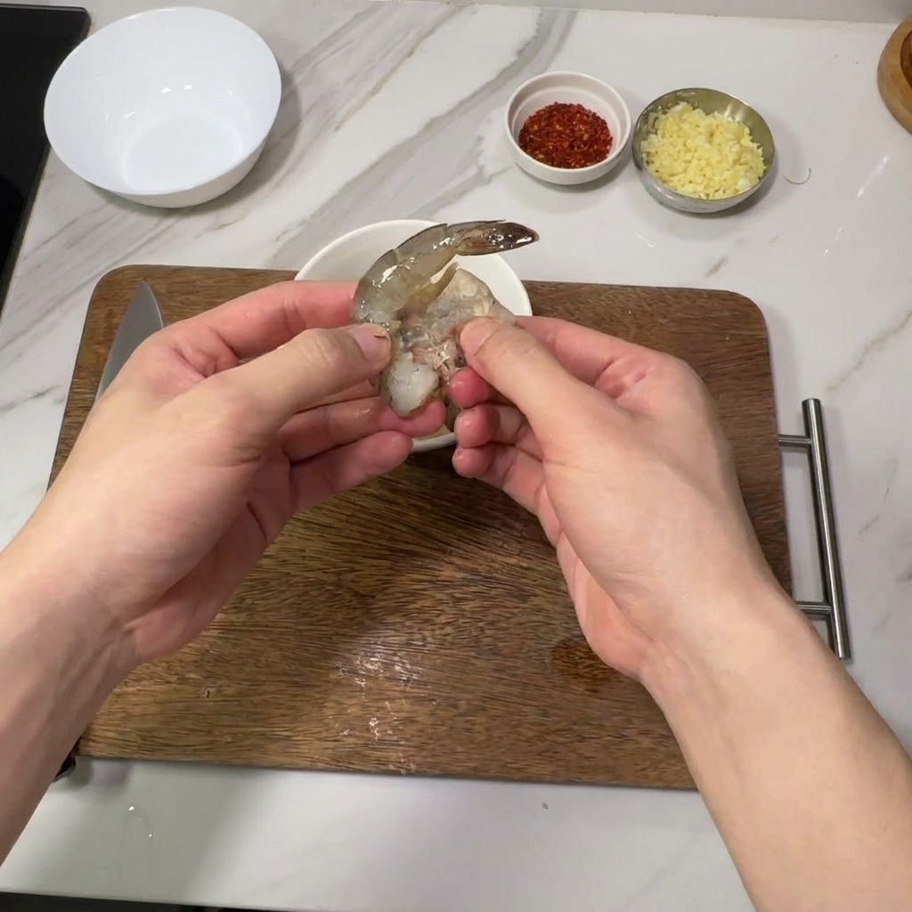 Hands peeling raw shrimp on a wooden cutting board next to a frying pan.