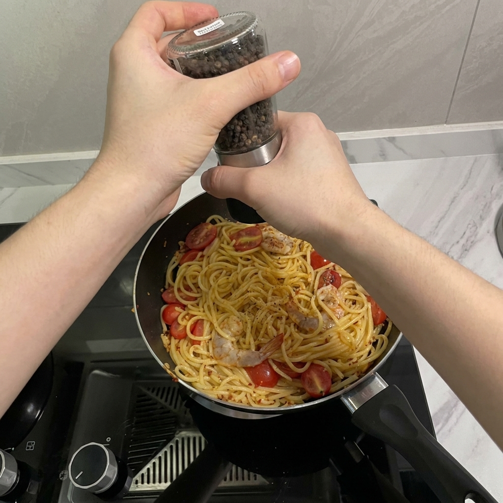 Two hands holding a pepper grinder and cracking fresh black pepper over a pan of cooked spaghetti, shrimp, and cherry tomatoes.