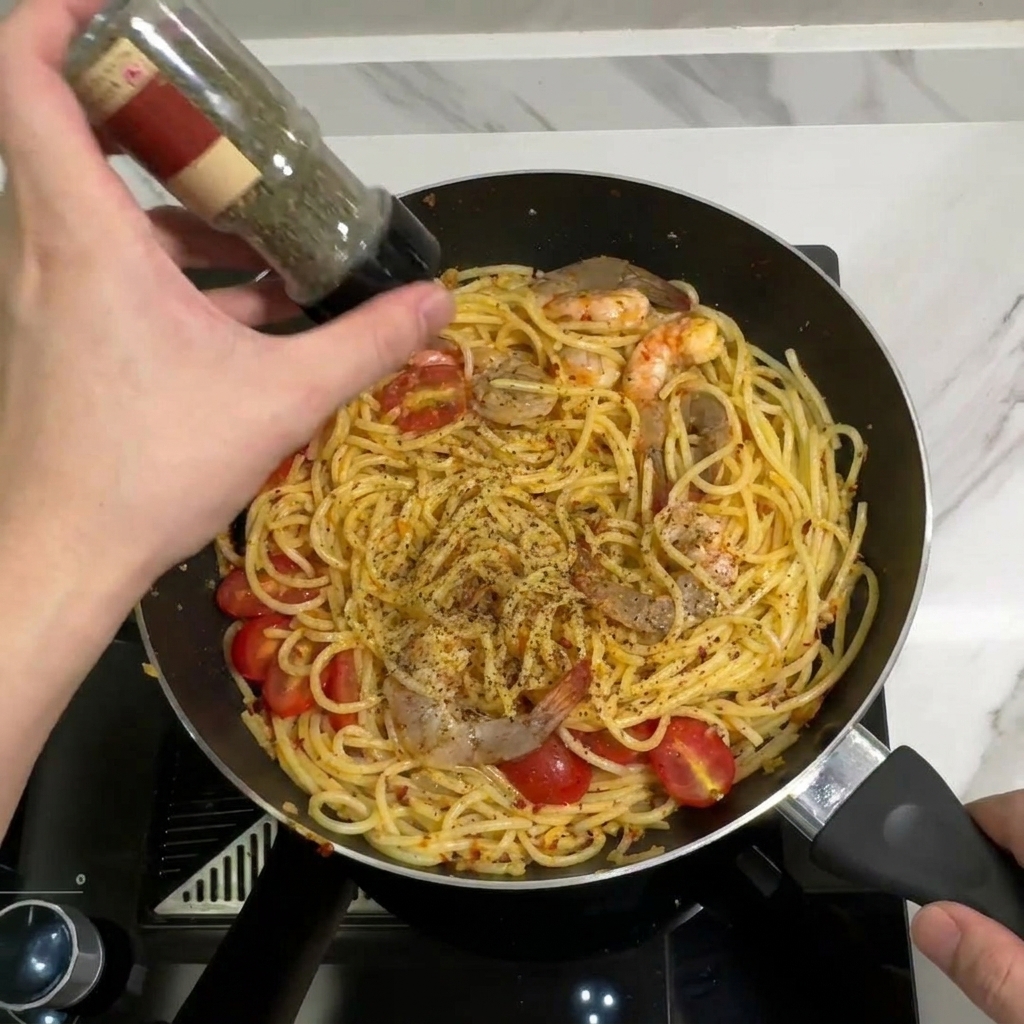 A hand shaking dried parsley flakes from a glass spice jar over cooked spaghetti, shrimp, and cherry tomatoes in a frying pan.
