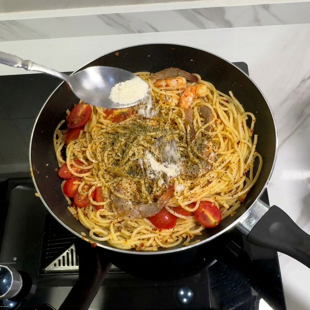 A metal spoon sprinkling fine seasoning powder over cooked spaghetti, shrimp, and cherry tomatoes in a black frying pan.