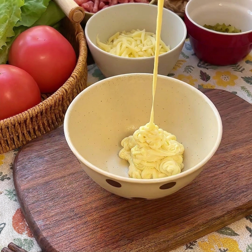 A stream of mayonnaise being added to a bowl containing red ketchup and green chopped pickles.