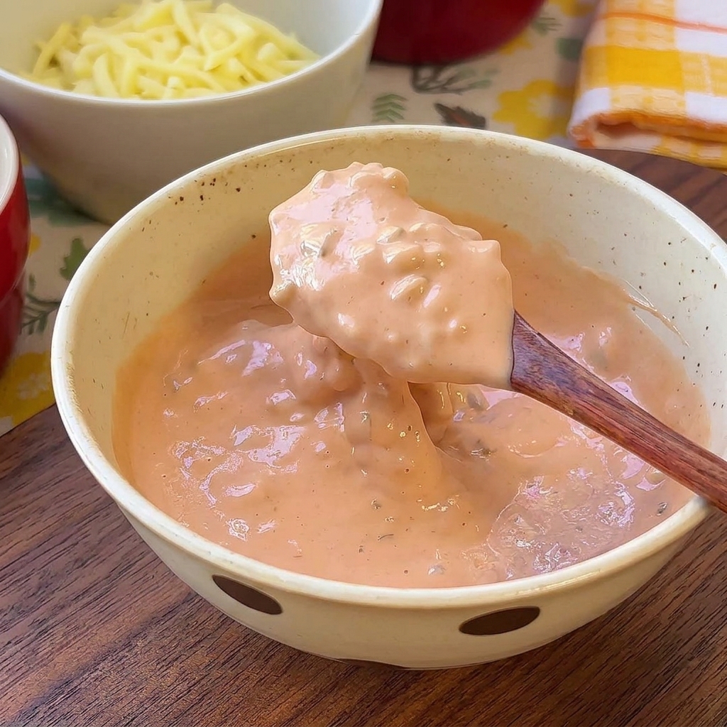 A wooden spoon holding a scoop of mixed orange burger sauce over a bowl.