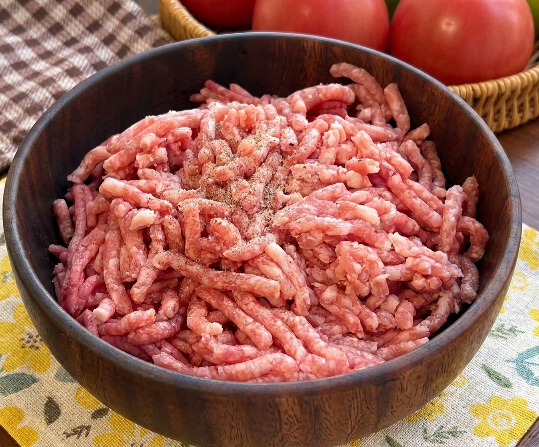 A wooden bowl filled with pink raw ground beef topped with sea salt and black pepper grains.