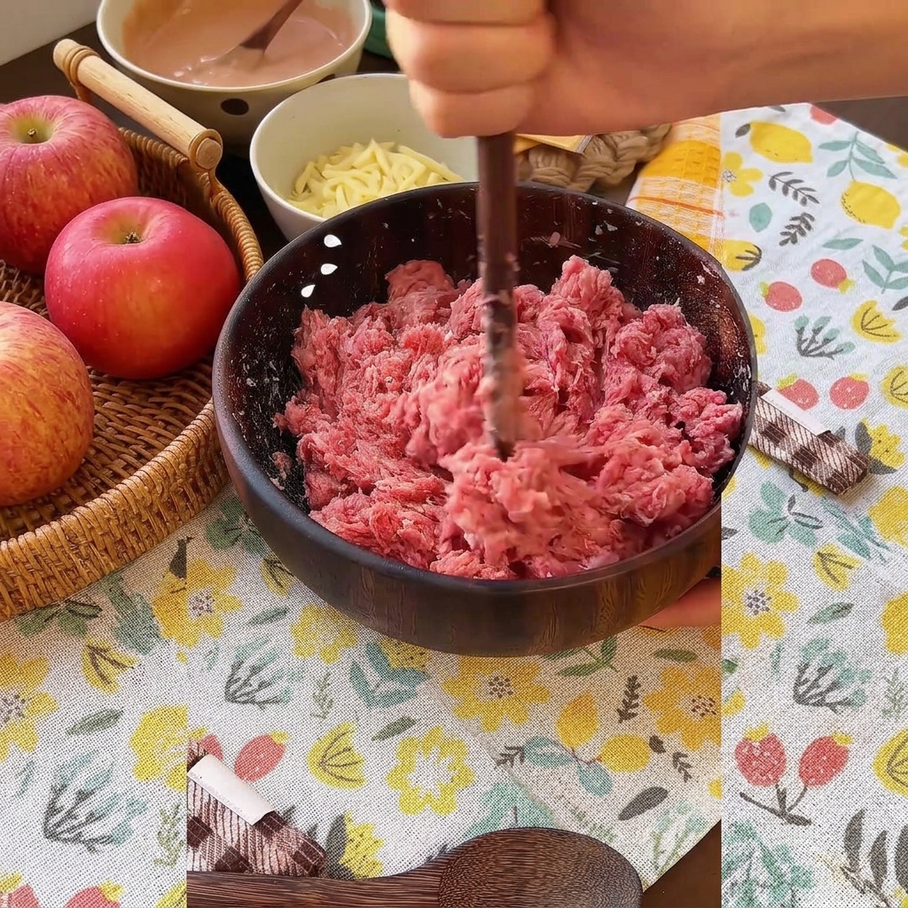 Hand using chopsticks to vigorously stir and bind seasoned raw ground beef in a dark bowl.