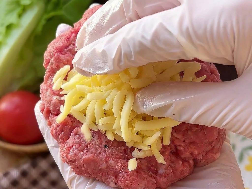 A hand wearing a white glove holds a disc of raw ground beef with a pile of shredded cheddar cheese sitting in the middle.