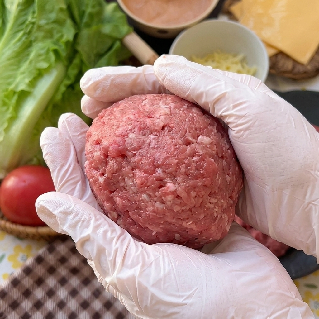 Two gloved hands carefully rolling and shaping a round, raw beef patty to ensure the cheese center is fully hidden.