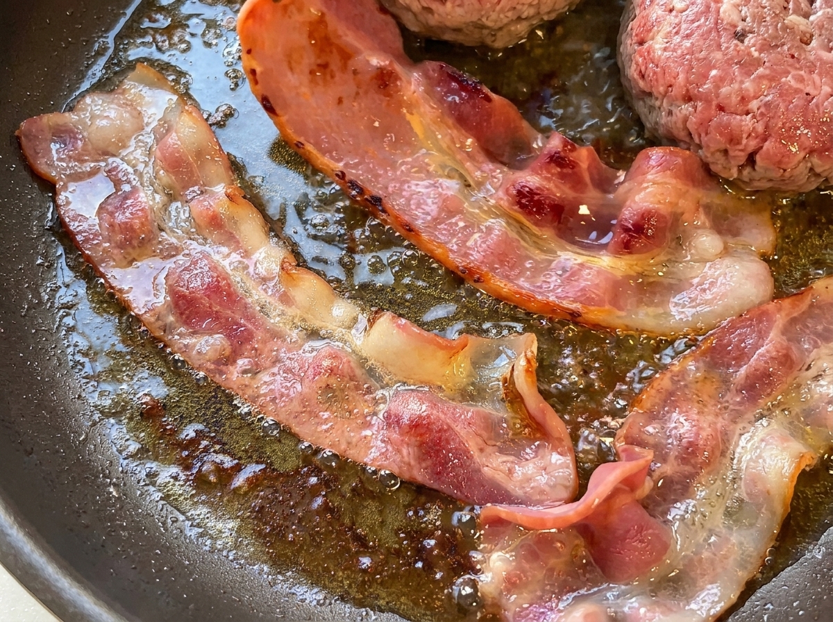 Close-up of bacon strips sizzling and browning in a pan filled with hot grease and butter.