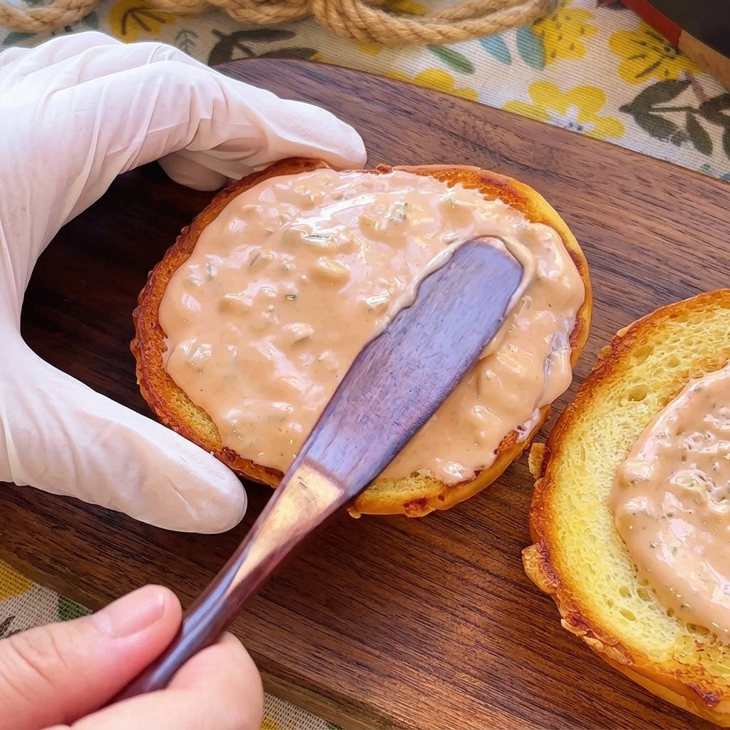 A wooden spatula spreading a thick layer of creamy pink burger sauce onto the toasted side of a bun.