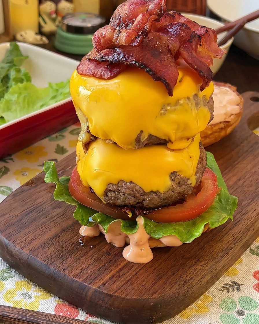A tall burger being assembled on a wooden board, featuring lettuce, tomato, two melted cheese-covered beef patties, and crispy bacon.