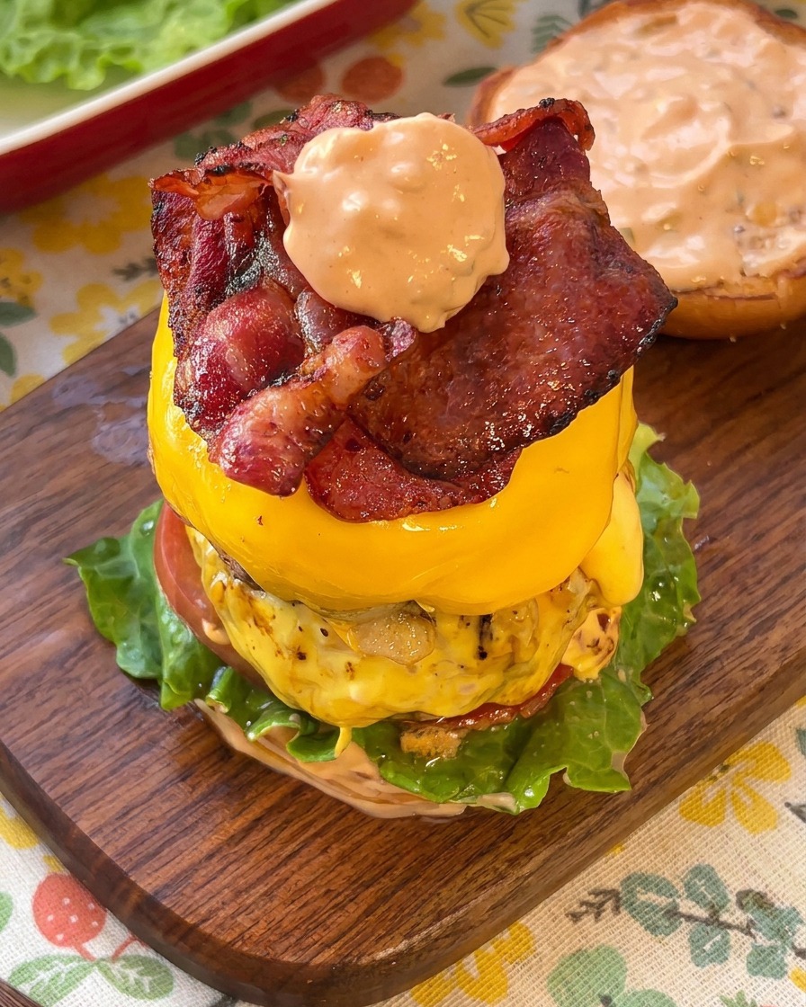 A dollop of pink burger sauce placed directly onto the crispy bacon atop a towering double-patty cheeseburger.