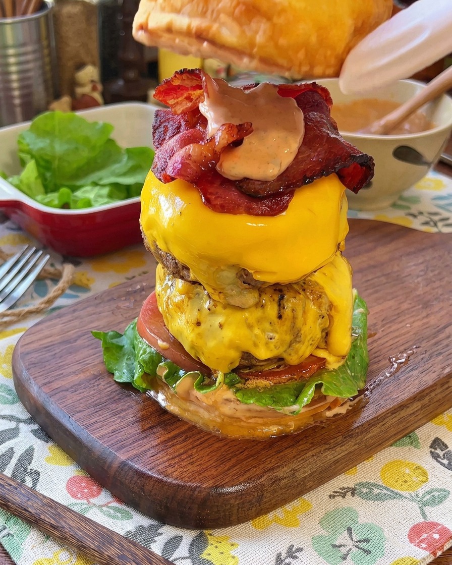 The toasted top bun being placed onto a tall, fully assembled double cheeseburger loaded with bacon, cheese, and sauce.