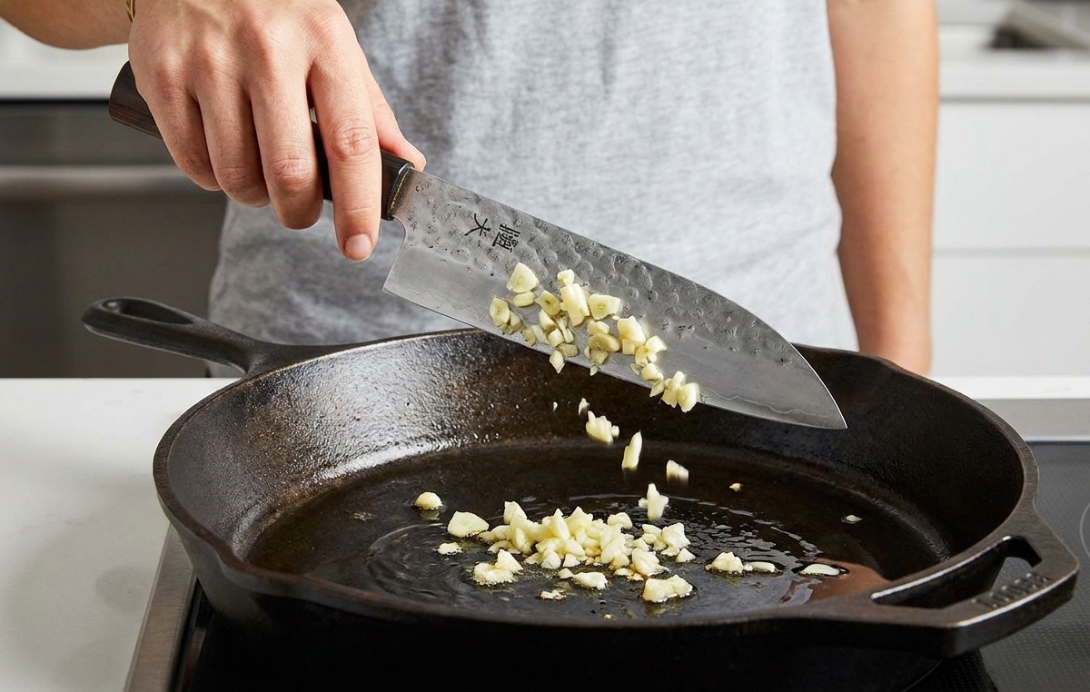 Minced garlic being scraped off a chefs knife into a skillet of warm olive oil.