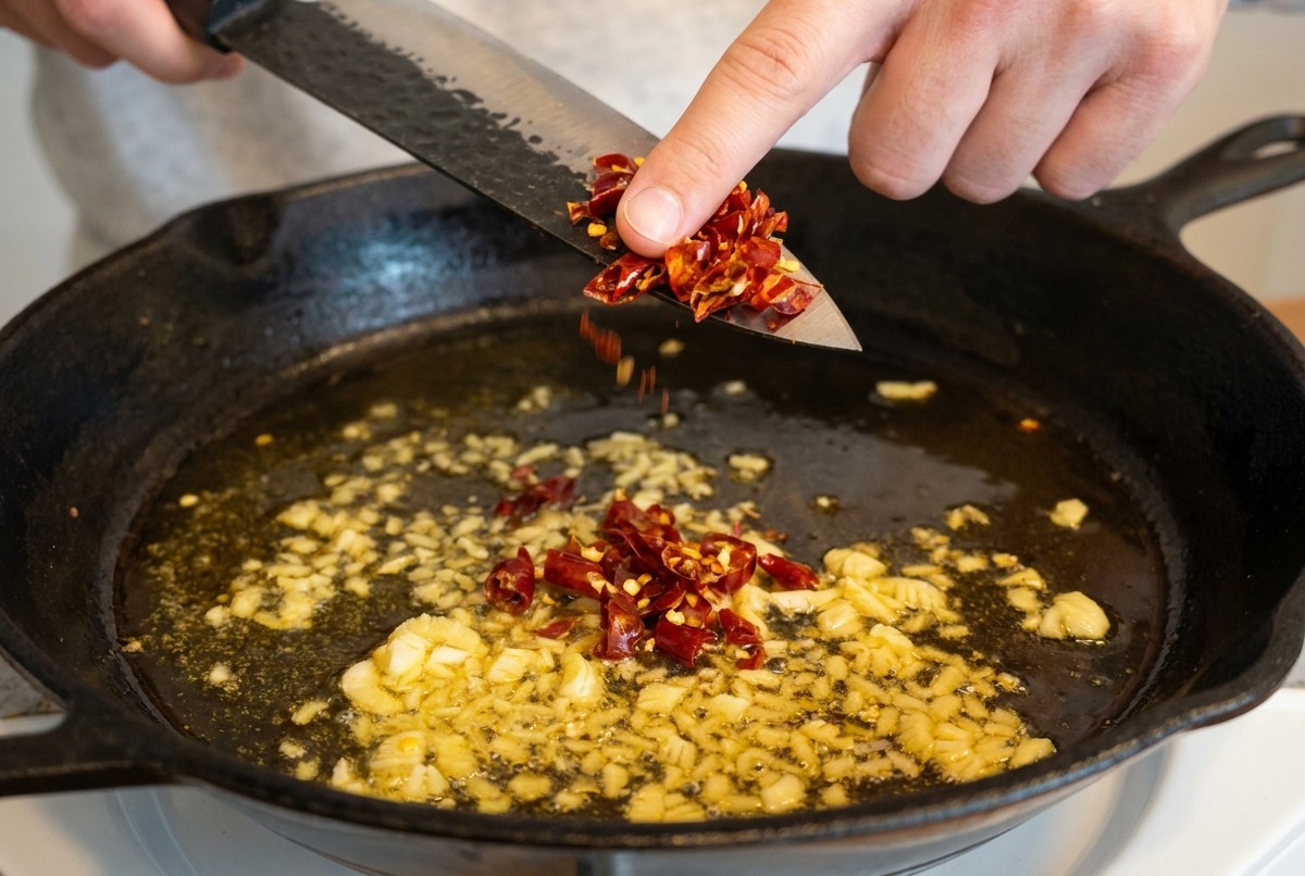 Fingers pushing chopped dried red chilies off a knife into a pan with sizzling minced garlic.