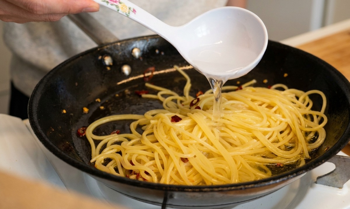 A hand pouring a ladle of pasta water into a skillet filled with spaghetti, garlic, chilies, and olive oil.