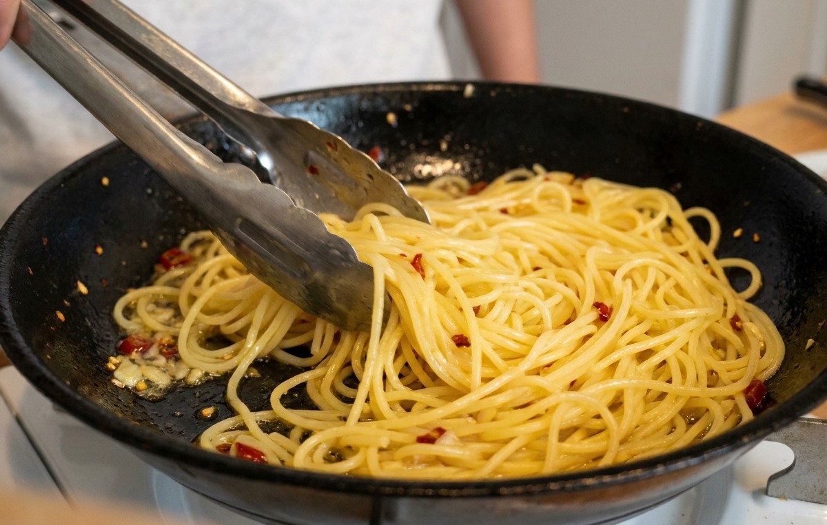 Metal tongs tossing spaghetti in a skillet with oil and red chilies, creating a glossy sauce.